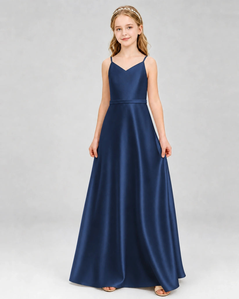 Navy blue satin V-neck a-line junior bridesmaid dress Front View