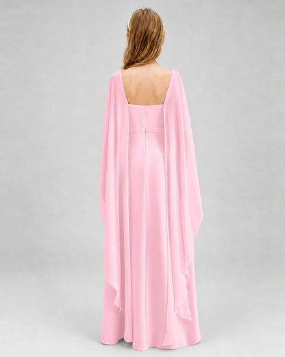 Dideyttawl Satin Junior Bridesmaid Dress with Detachable Chiffon Cape