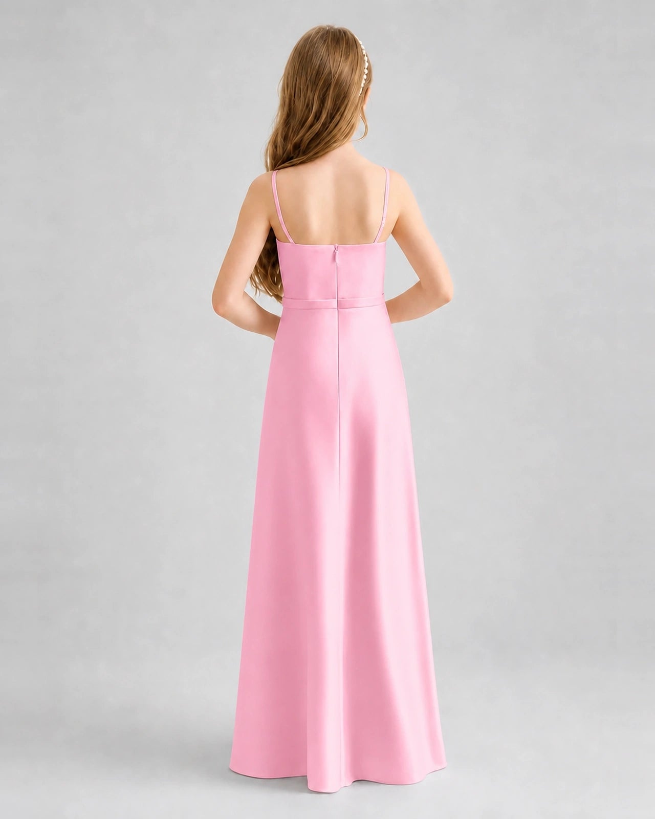 Dideyttawl Satin Junior Bridesmaid Dress with Detachable Chiffon Cape