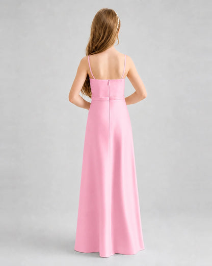 Dideyttawl Satin Junior Bridesmaid Dress with Detachable Chiffon Cape
