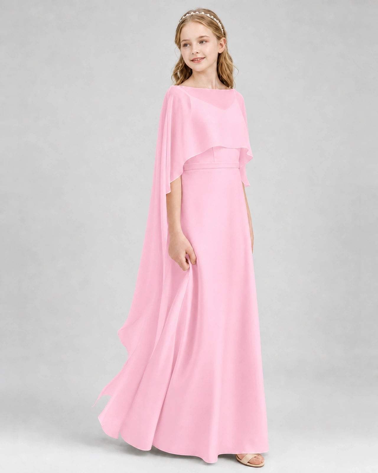 Dideyttawl Satin Junior Bridesmaid Dress with Detachable Chiffon Cape