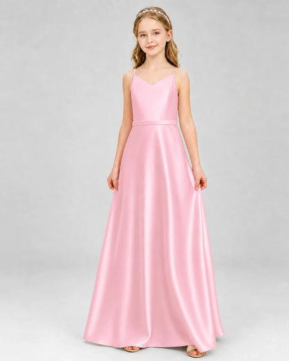 Dideyttawl Satin Junior Bridesmaid Dress with Detachable Chiffon Cape