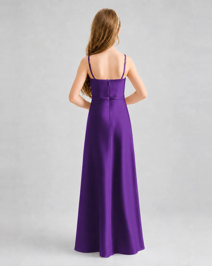 Dideyttawl Satin Junior Bridesmaid Dress with Detachable Chiffon Cape