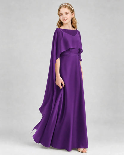 Dideyttawl Satin Junior Bridesmaid Dress with Detachable Chiffon Cape