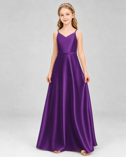 Dideyttawl Satin Junior Bridesmaid Dress with Detachable Chiffon Cape