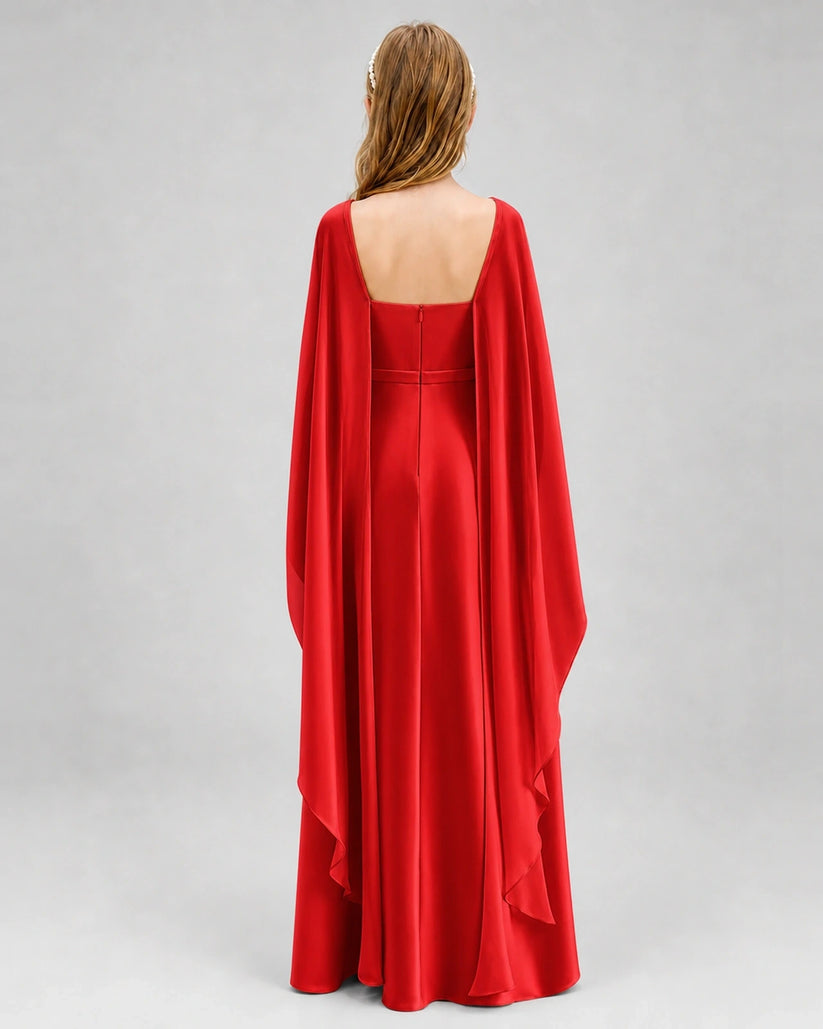 Red Satin Cape Sleeve Junior Bridesmaid Dresses Back View