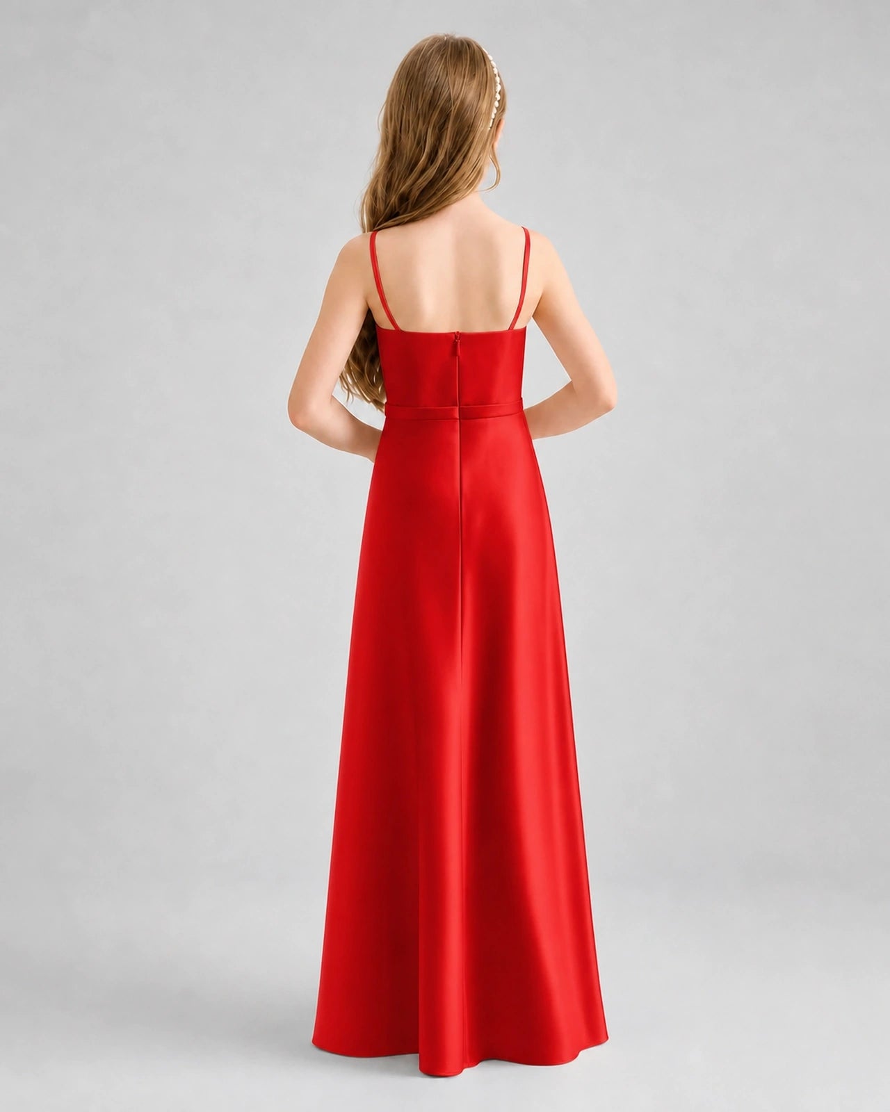 Dideyttawl Satin Junior Bridesmaid Dress with Detachable Chiffon Cape