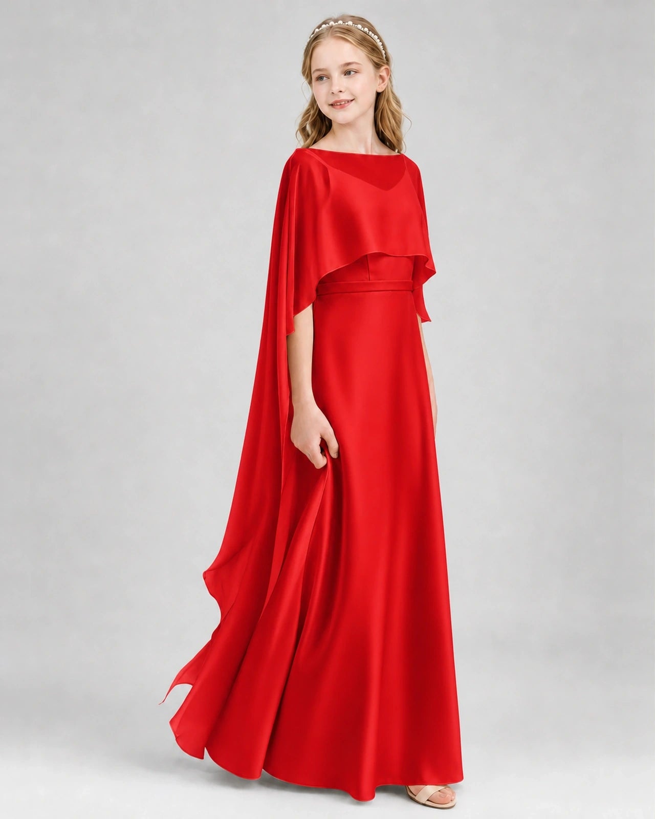Dideyttawl Satin Junior Bridesmaid Dress with Detachable Chiffon Cape