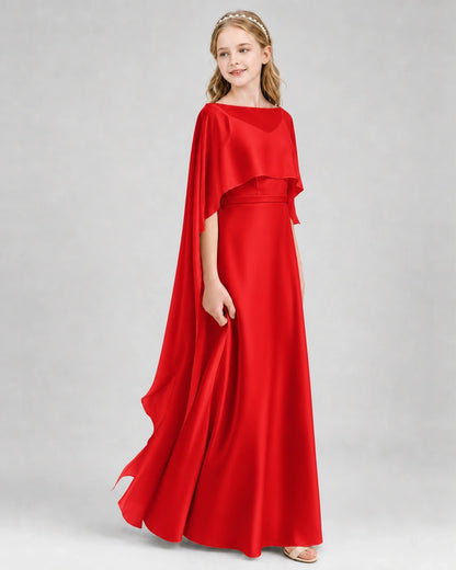 Dideyttawl Satin Junior Bridesmaid Dress with Detachable Chiffon Cape