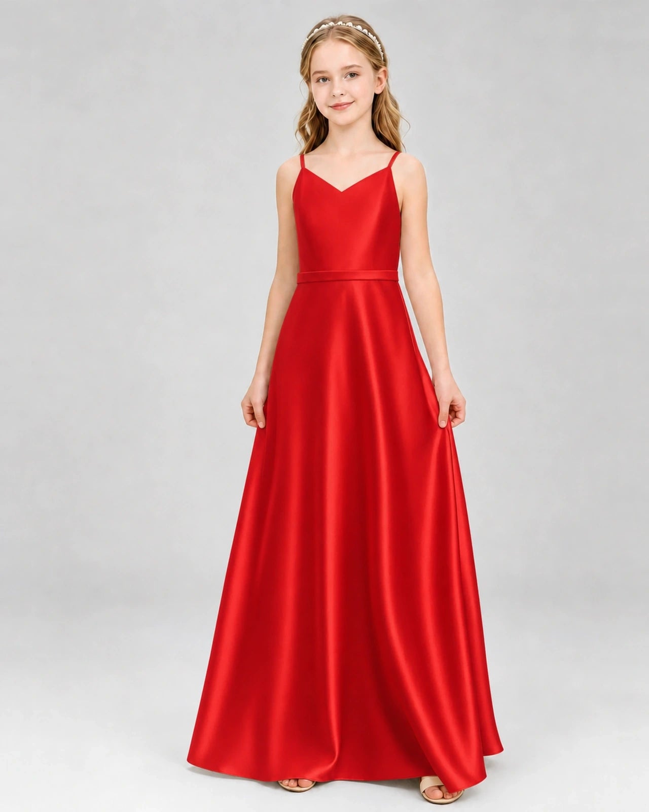 Dideyttawl Satin Junior Bridesmaid Dress with Detachable Chiffon Cape