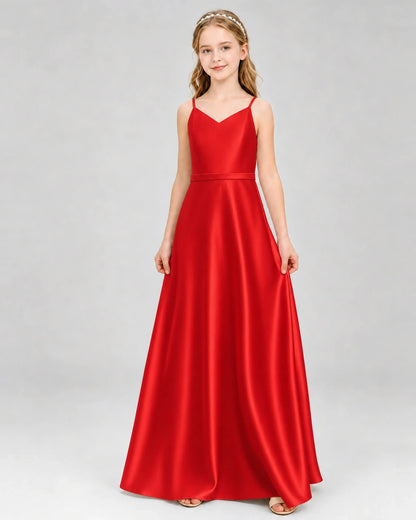 Dideyttawl Satin Junior Bridesmaid Dress with Detachable Chiffon Cape