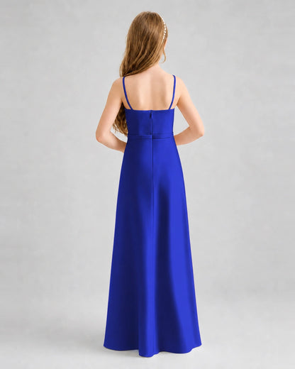 Dideyttawl Satin Junior Bridesmaid Dress with Detachable Chiffon Cape