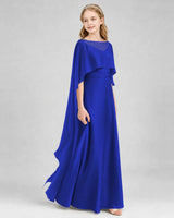 Royal blue satin cape-overlay junior bridesmaid dresses Front View
