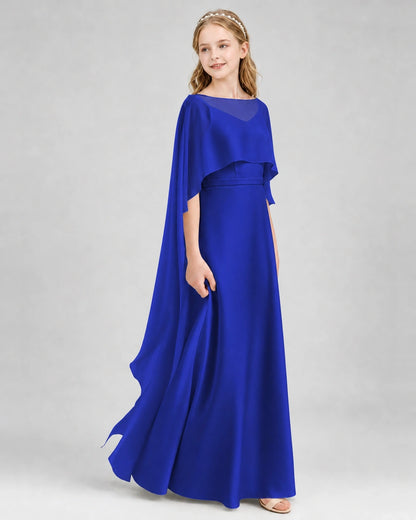 Dideyttawl Satin Junior Bridesmaid Dress with Detachable Chiffon Cape