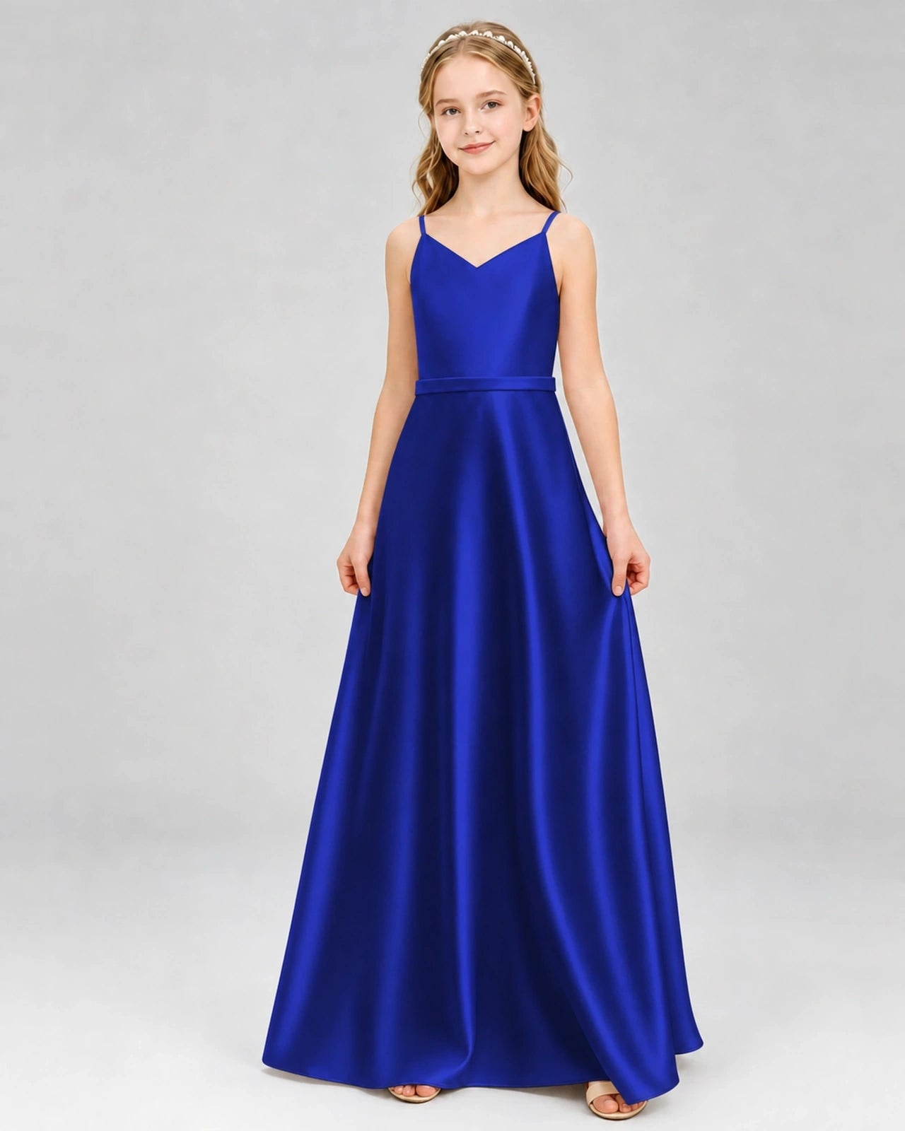 Dideyttawl Satin Junior Bridesmaid Dress with Detachable Chiffon Cape