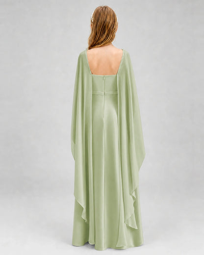 Dideyttawl Satin Junior Bridesmaid Dress with Detachable Chiffon Cape