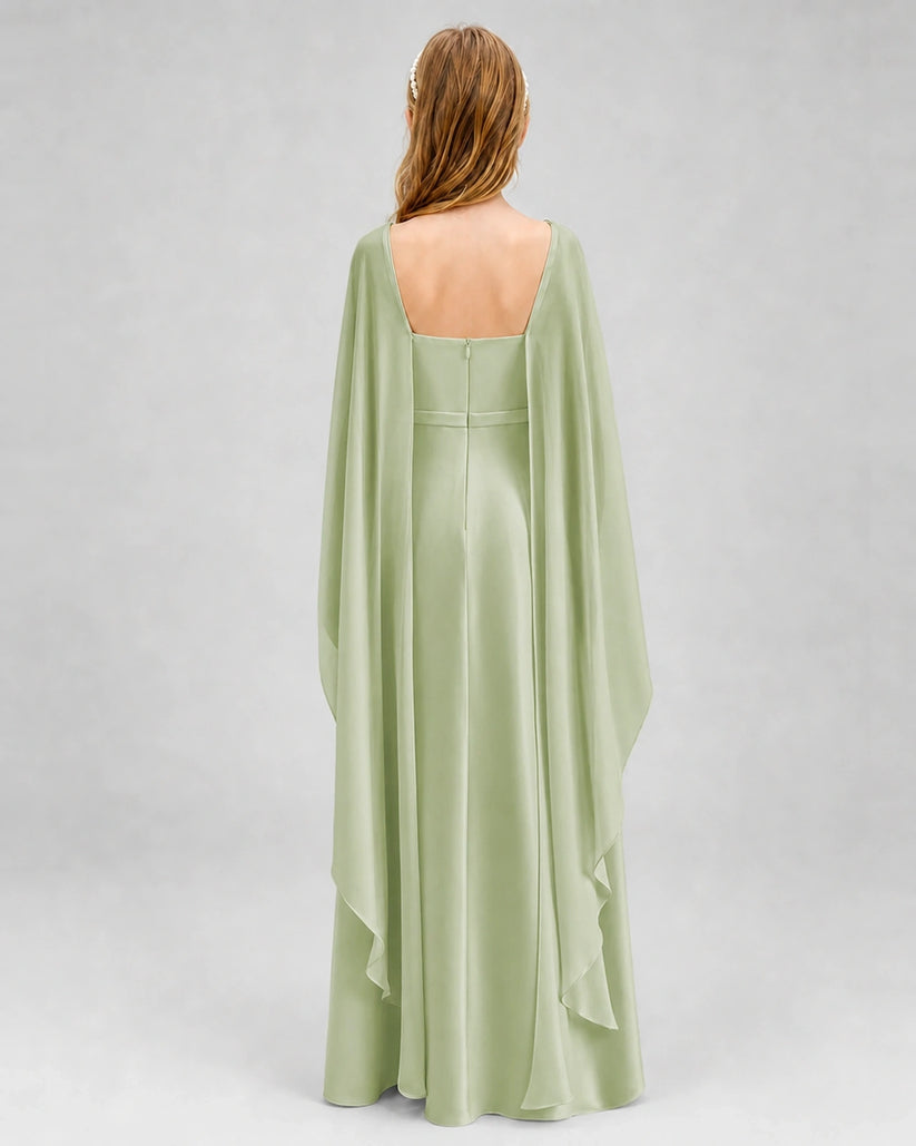 Sage Green Satin Cape Sleeve Junior Bridesmaid Dresses Back View