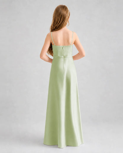 Dideyttawl Satin Junior Bridesmaid Dress with Detachable Chiffon Cape