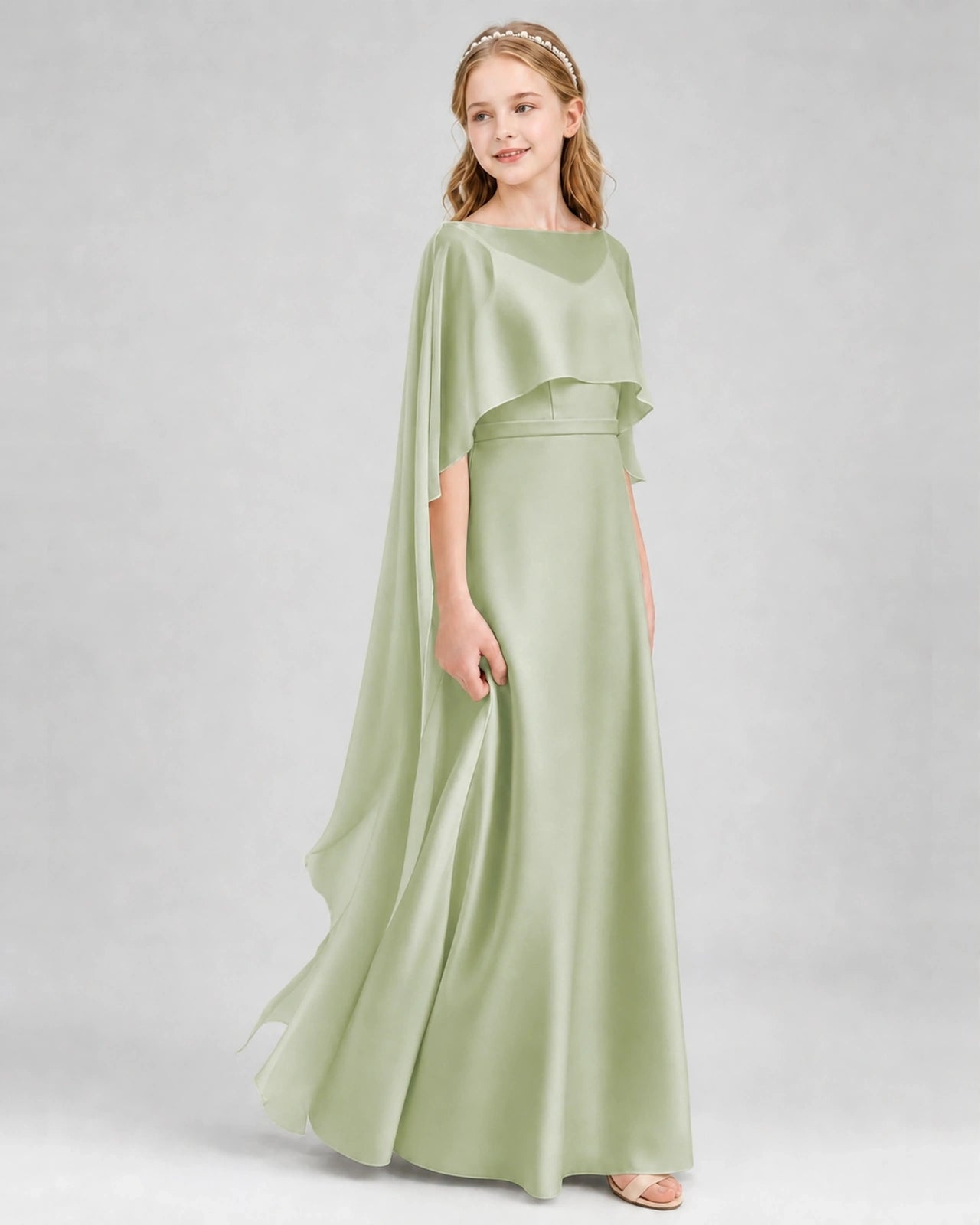 Dideyttawl Satin Junior Bridesmaid Dress with Detachable Chiffon Cape