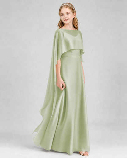 Dideyttawl Satin Junior Bridesmaid Dress with Detachable Chiffon Cape