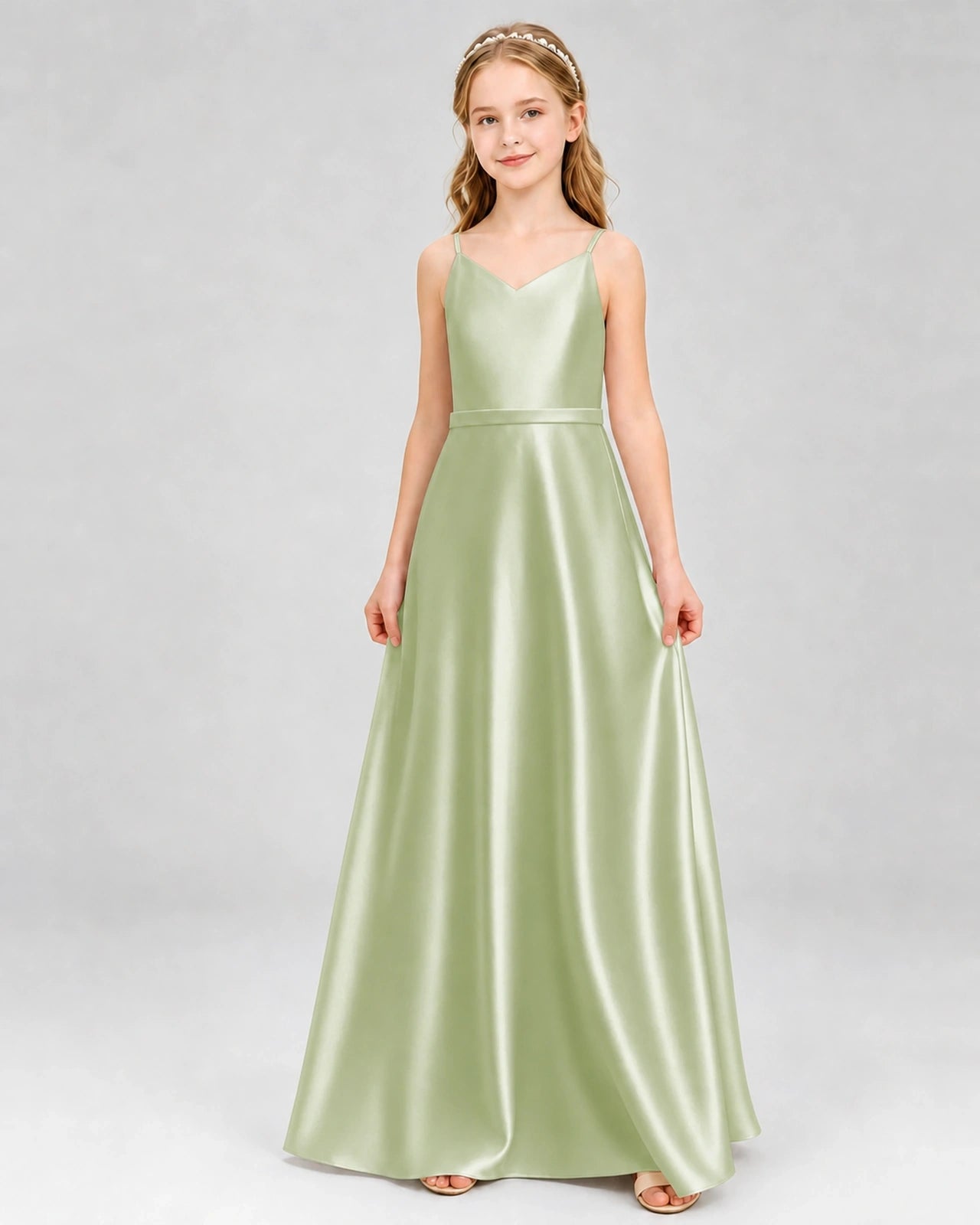 Dideyttawl Satin Junior Bridesmaid Dress with Detachable Chiffon Cape