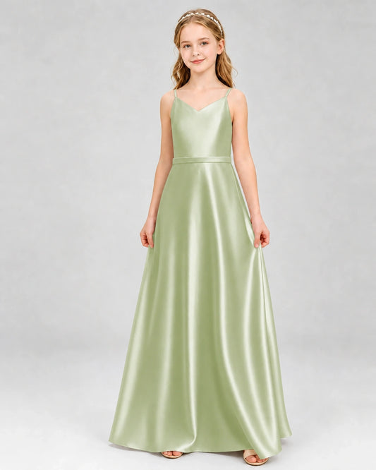 Sage Green Satin V-Neck A-Line Junior Bridesmaid Dresses Front View