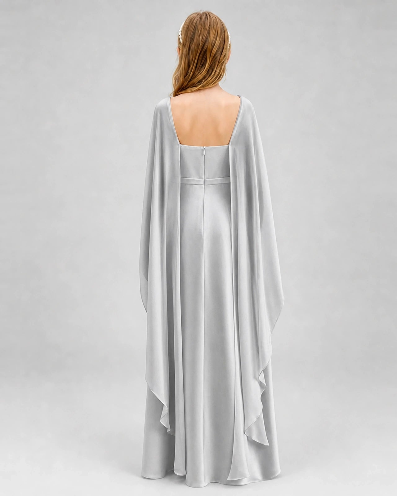 Dideyttawl Satin Junior Bridesmaid Dress with Detachable Chiffon Cape