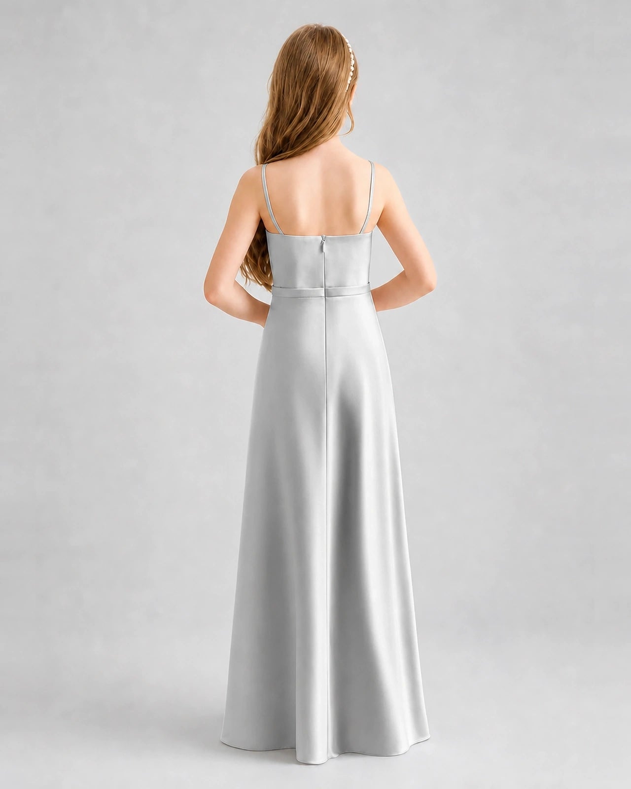 Dideyttawl Satin Junior Bridesmaid Dress with Detachable Chiffon Cape
