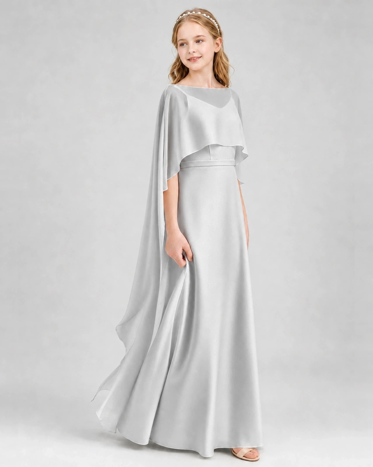 Dideyttawl Satin Junior Bridesmaid Dress with Detachable Chiffon Cape