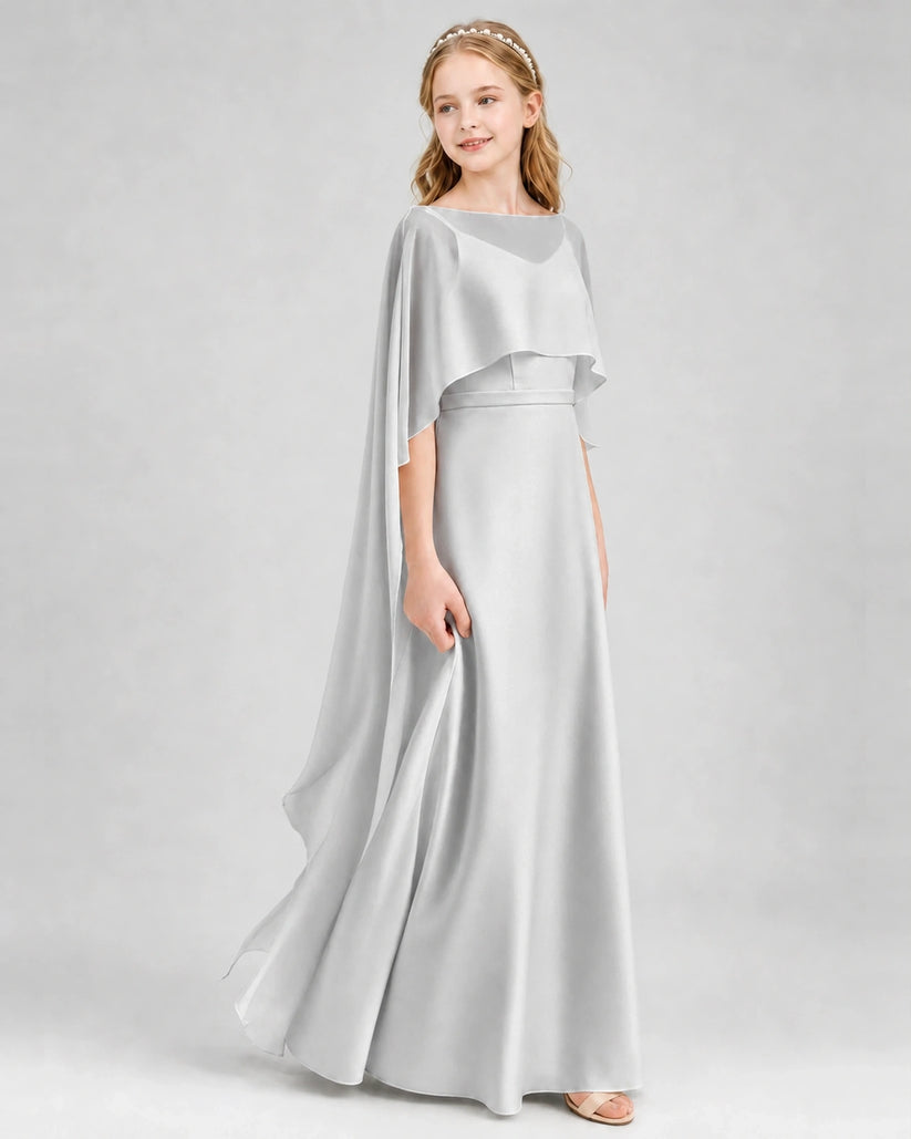 Silver Satin A-Line Junior Bridesmaid Dress Front View