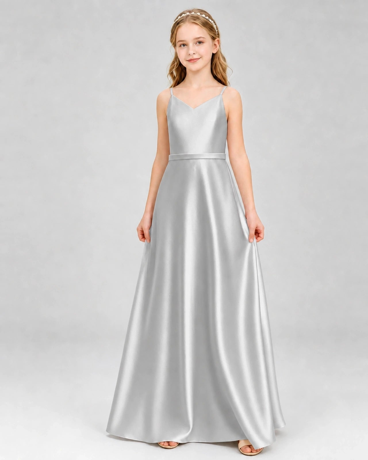 Dideyttawl Satin Junior Bridesmaid Dress with Detachable Chiffon Cape