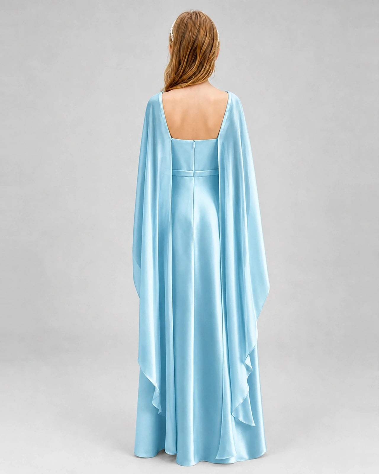 Dideyttawl Satin Junior Bridesmaid Dress with Detachable Chiffon Cape