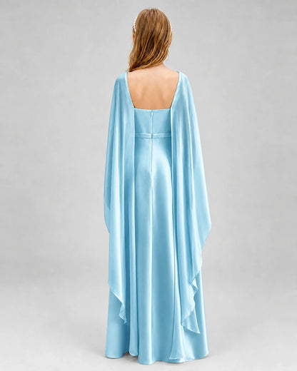 Dideyttawl Satin Junior Bridesmaid Dress with Detachable Chiffon Cape