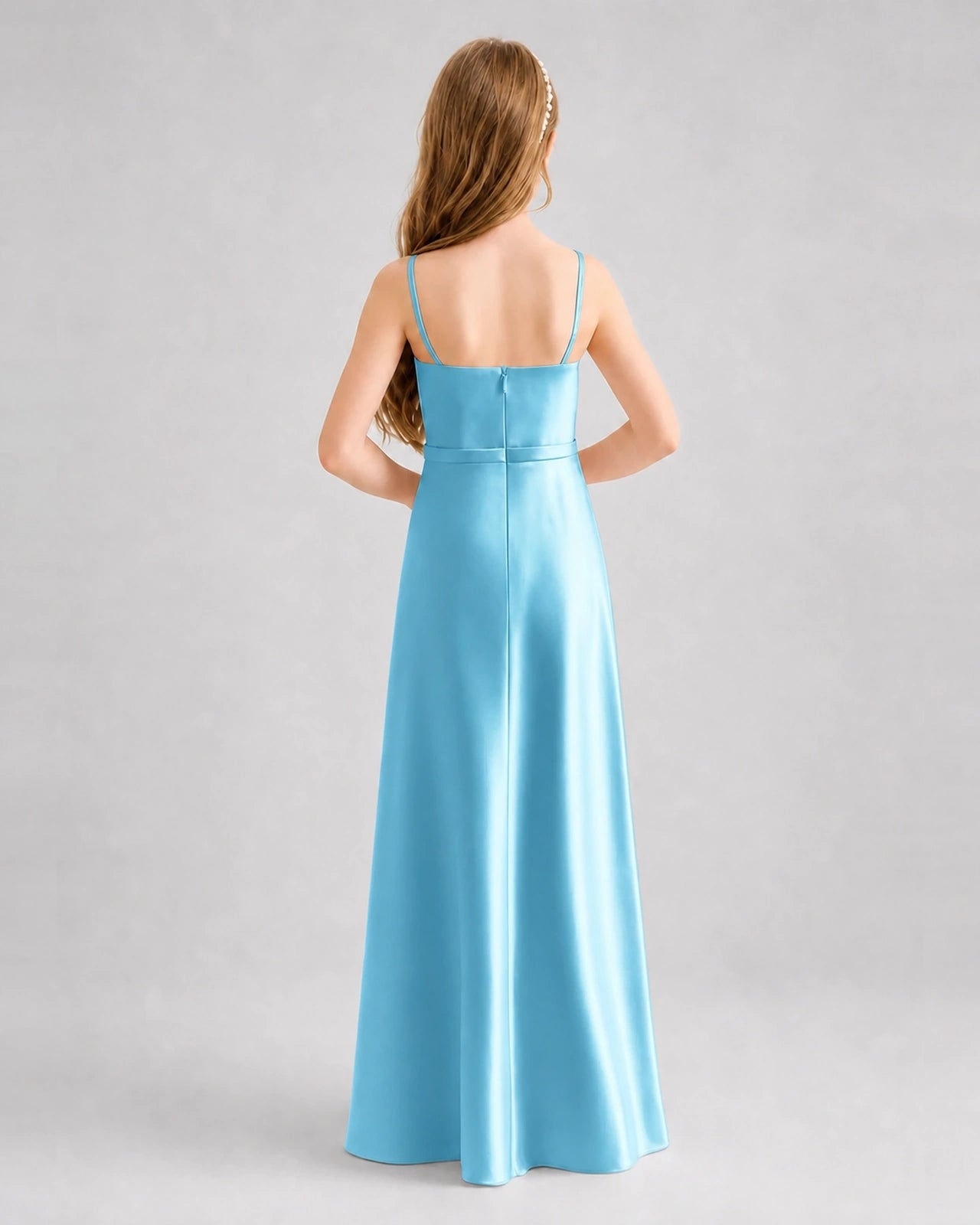 Dideyttawl Satin Junior Bridesmaid Dress with Detachable Chiffon Cape