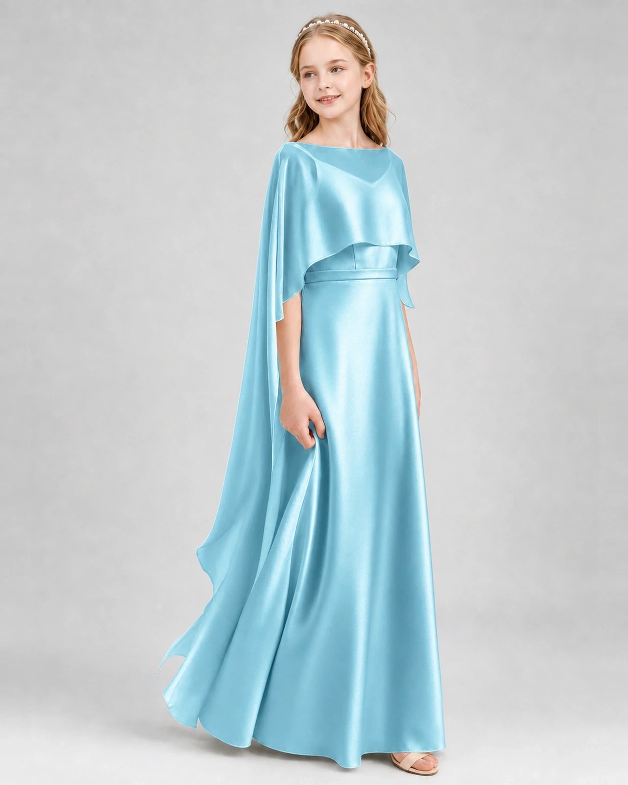 Dideyttawl Satin Junior Bridesmaid Dress with Detachable Chiffon Cape