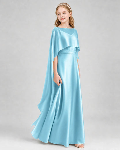 Dideyttawl Satin Junior Bridesmaid Dress with Detachable Chiffon Cape