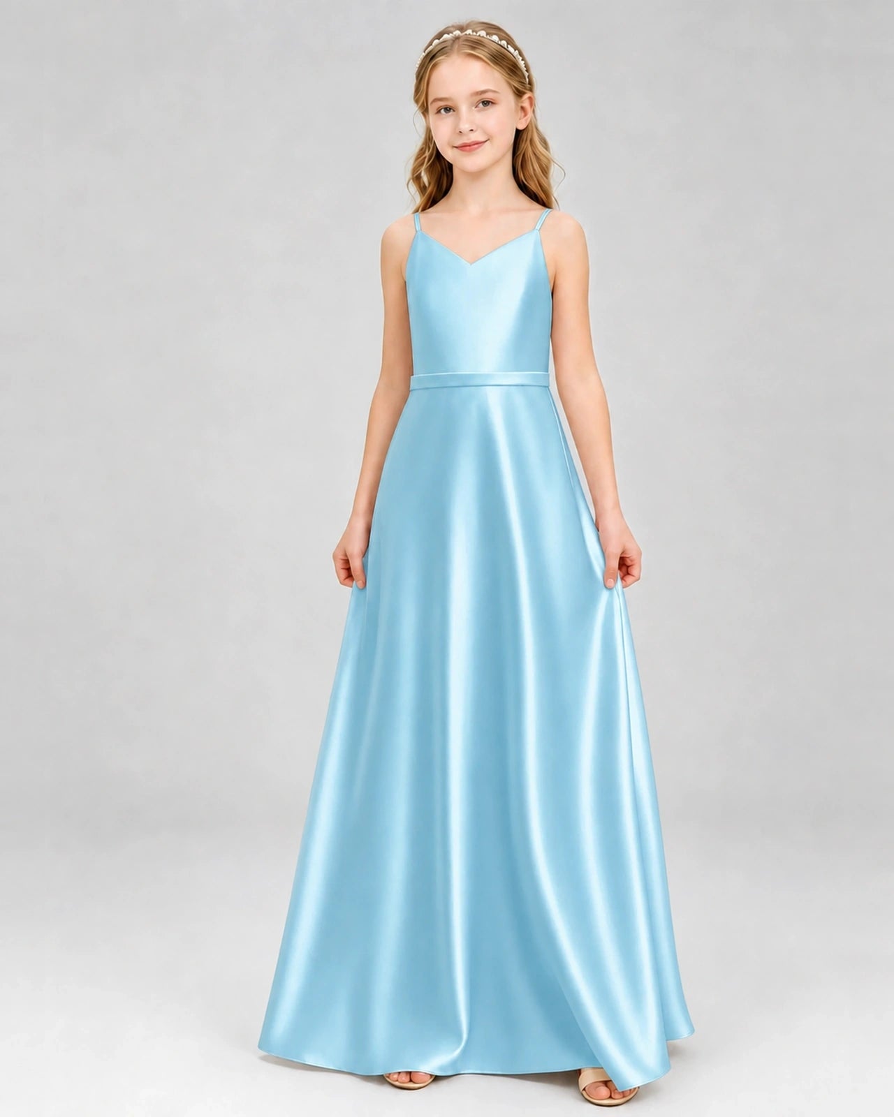 Dideyttawl Satin Junior Bridesmaid Dress with Detachable Chiffon Cape