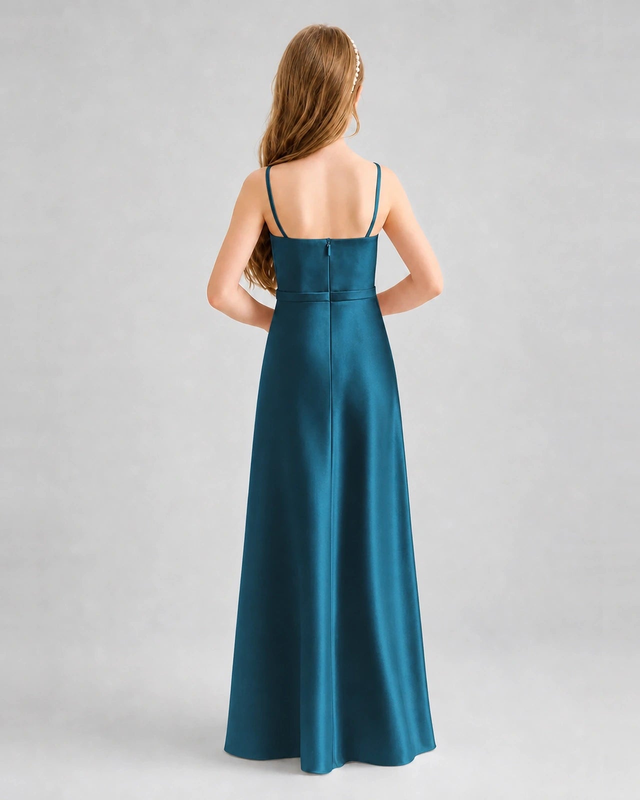 Dideyttawl Satin Junior Bridesmaid Dress with Detachable Chiffon Cape