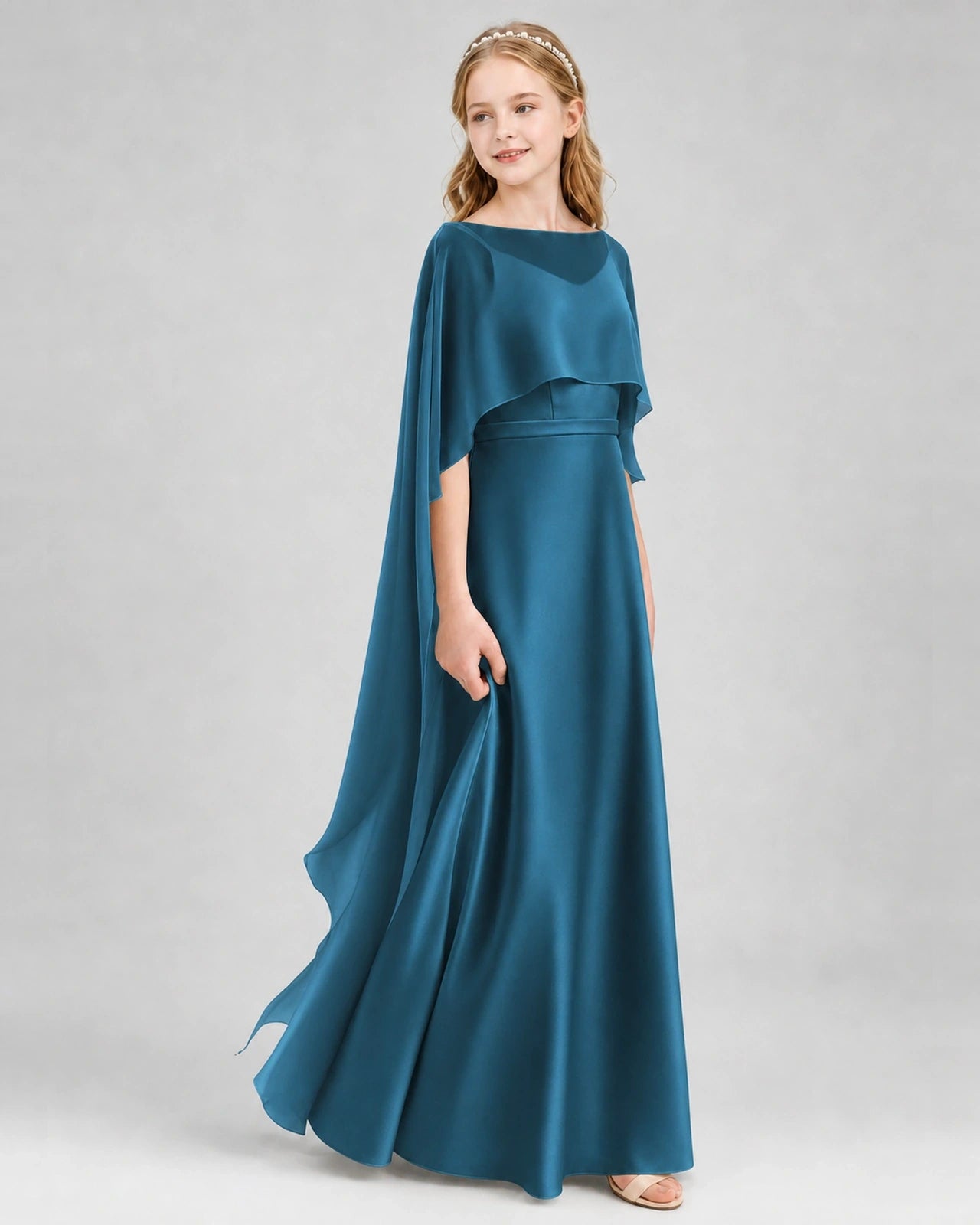 Dideyttawl Satin Junior Bridesmaid Dress with Detachable Chiffon Cape