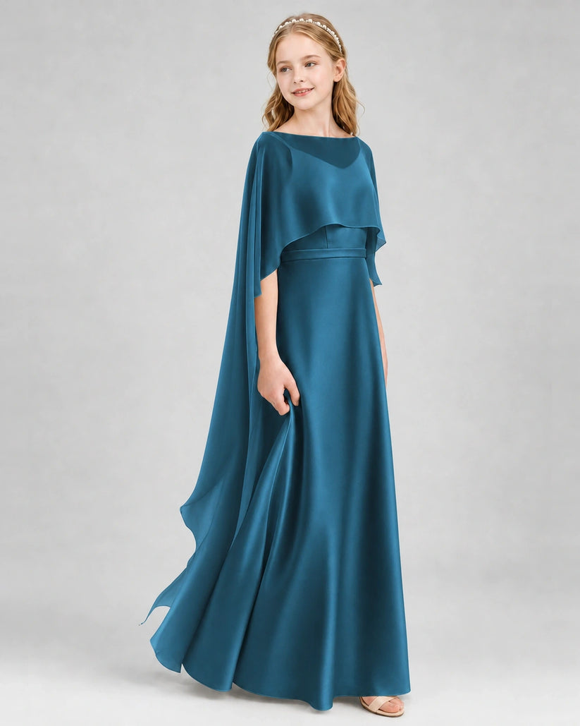 Teal Satin A-Line Junior Bridesmaid Dresses Front View
