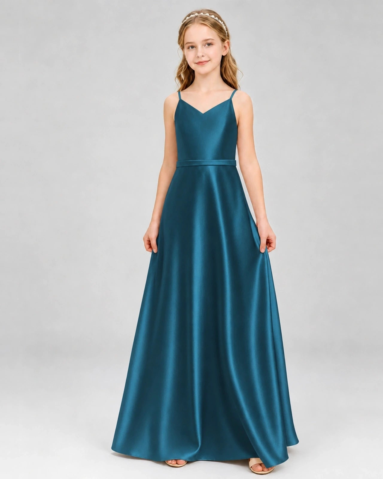 Dideyttawl Satin Junior Bridesmaid Dress with Detachable Chiffon Cape