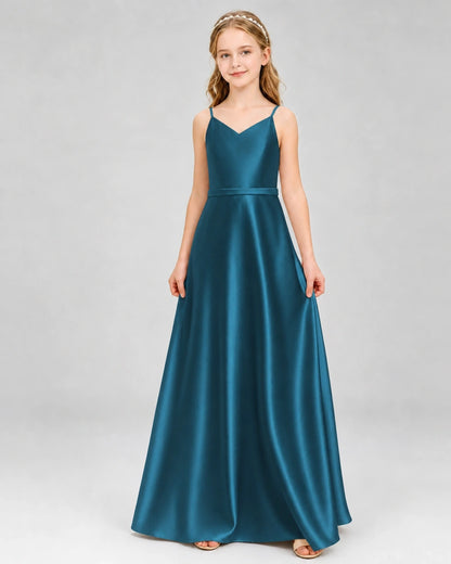 Dideyttawl Satin Junior Bridesmaid Dress with Detachable Chiffon Cape