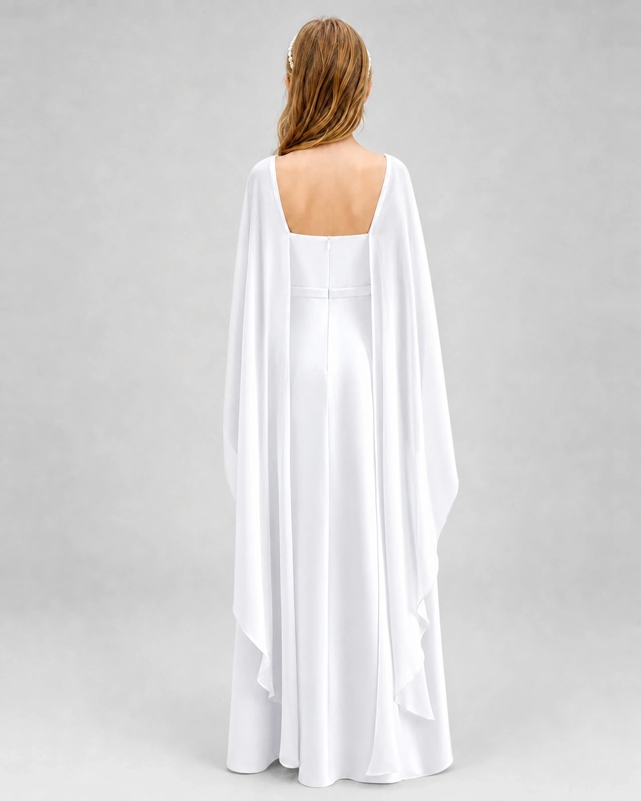 Dideyttawl Satin Junior Bridesmaid Dress with Detachable Chiffon Cape