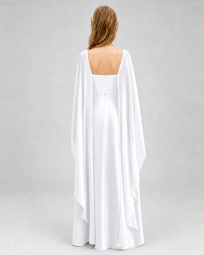 Dideyttawl Satin Junior Bridesmaid Dress with Detachable Chiffon Cape