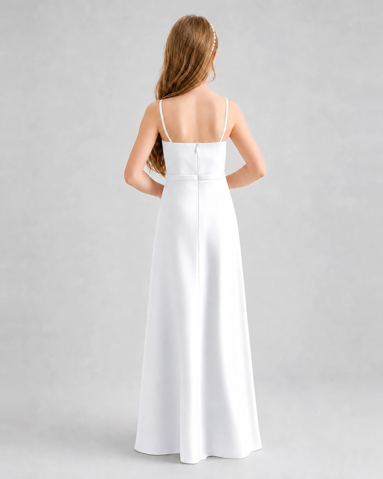 Dideyttawl Satin Junior Bridesmaid Dress with Detachable Chiffon Cape