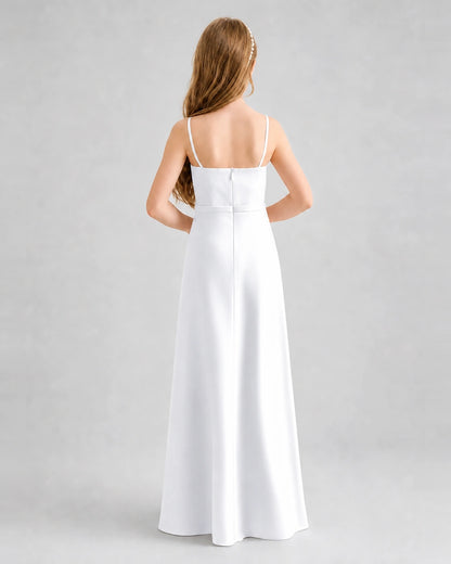 Dideyttawl Satin Junior Bridesmaid Dress with Detachable Chiffon Cape