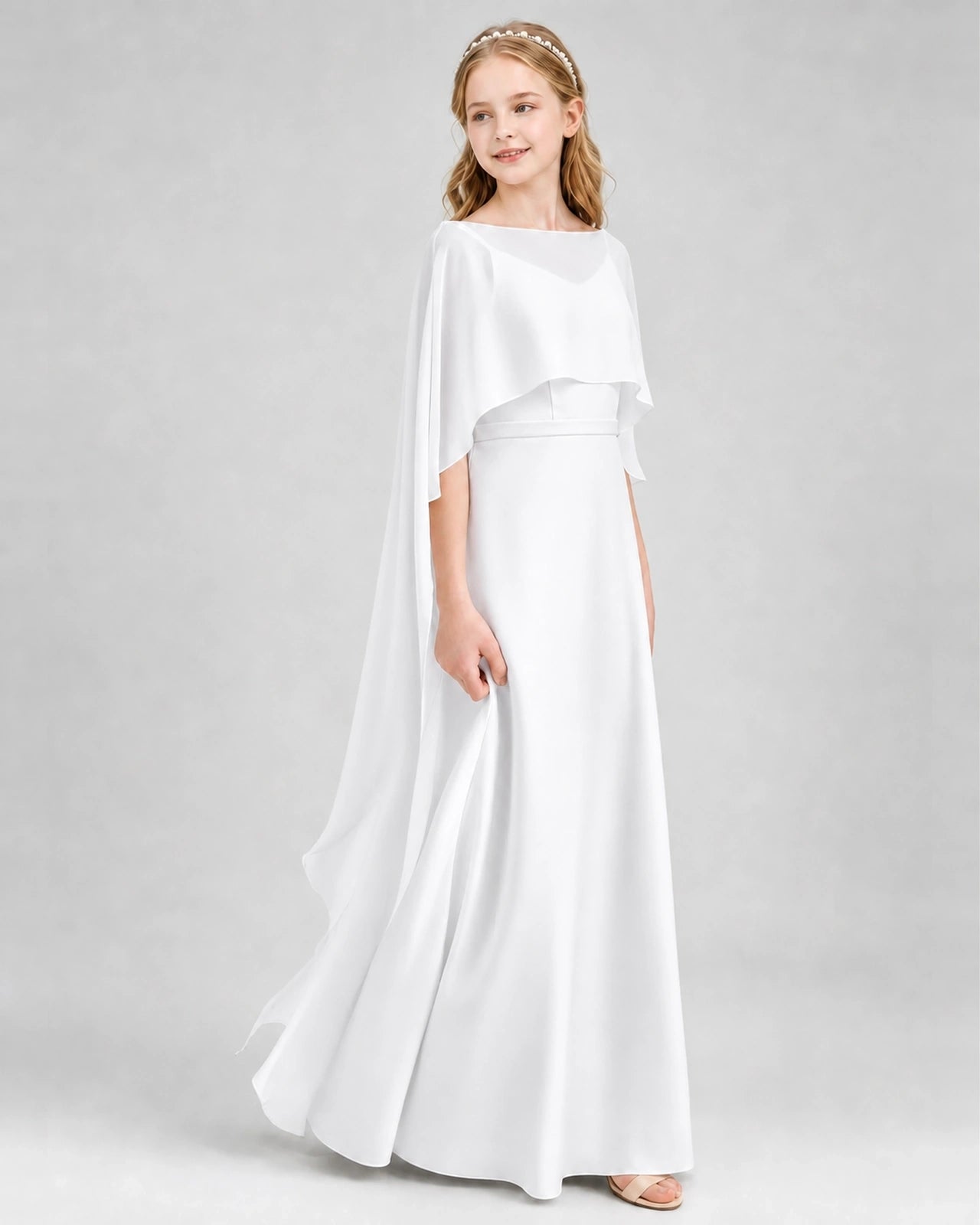 Dideyttawl Satin Junior Bridesmaid Dress with Detachable Chiffon Cape