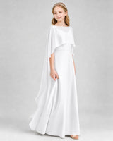 White Satin Capelet A-Line Junior Bridesmaid Dresses Front View
