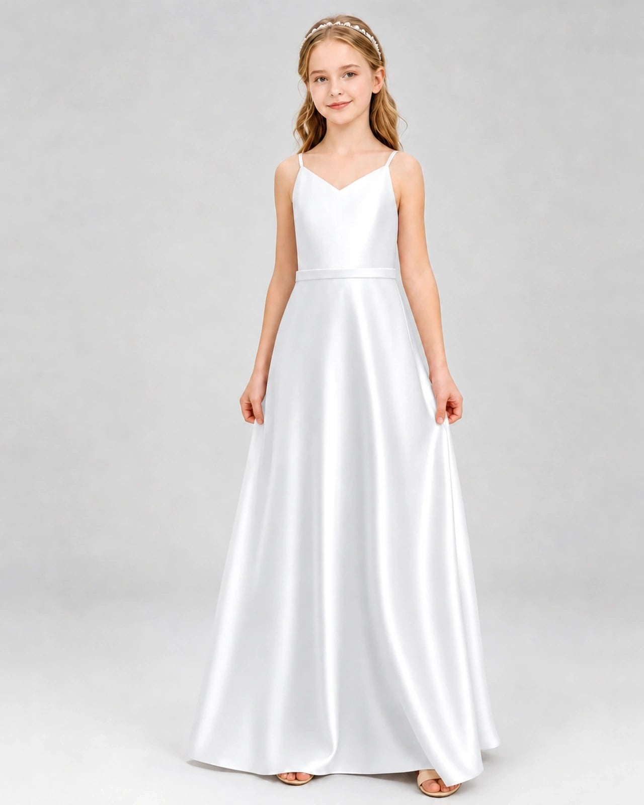 Dideyttawl Satin Junior Bridesmaid Dress with Detachable Chiffon Cape