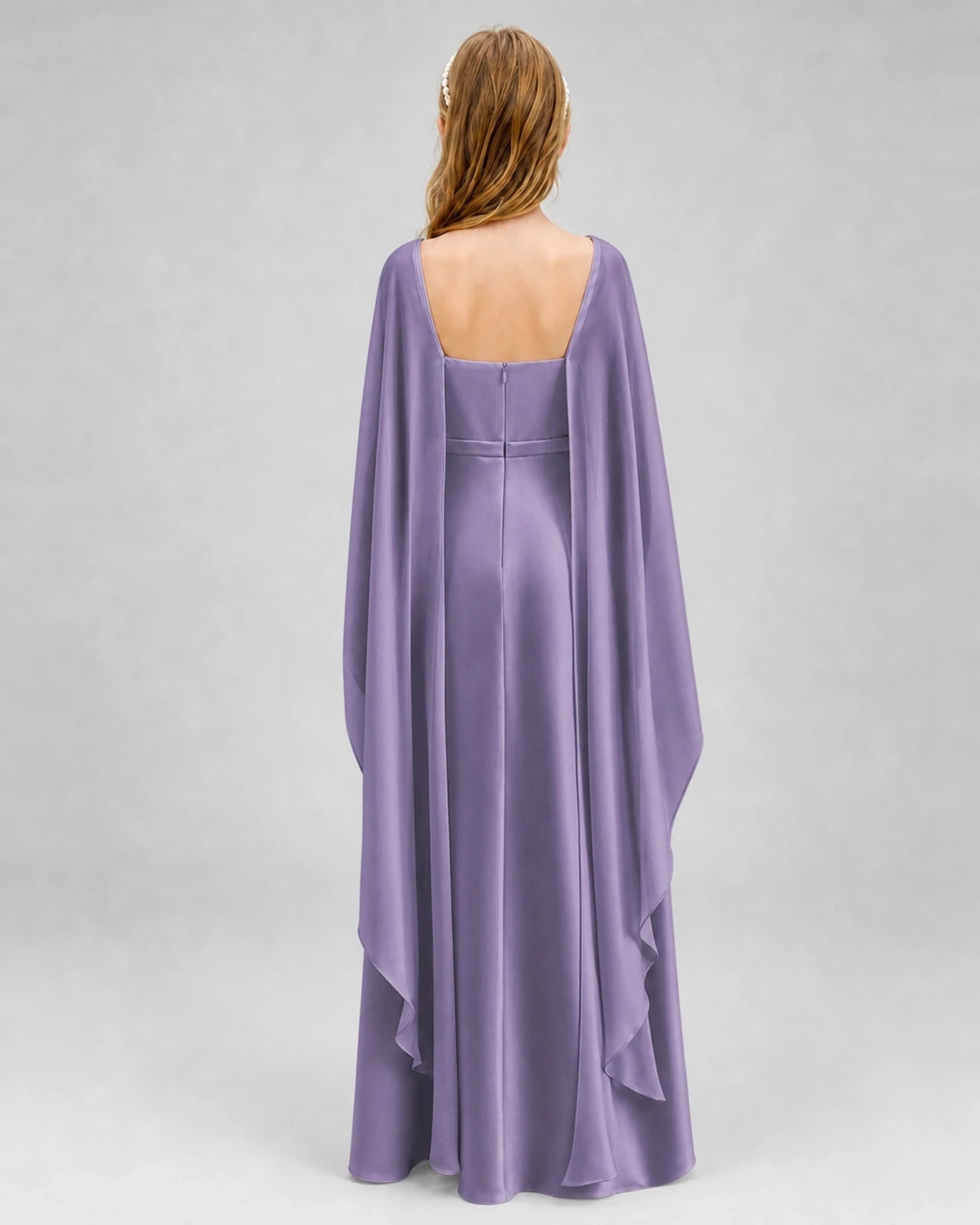 Dideyttawl Satin Junior Bridesmaid Dress with Detachable Chiffon Cape